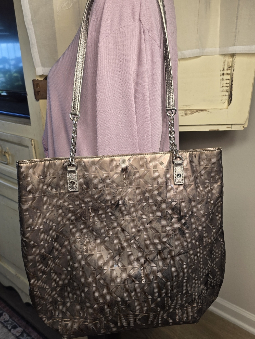 👜 Michael Kors Metallic Bronze Jet Set Tote Bag Purse With Chain Strap Detail